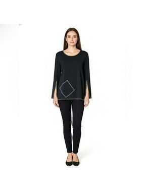 LINDA LUNDSTROM Black Poly / Lycra Stretch Long Sleeve Top Contrast Stitch Sz 12